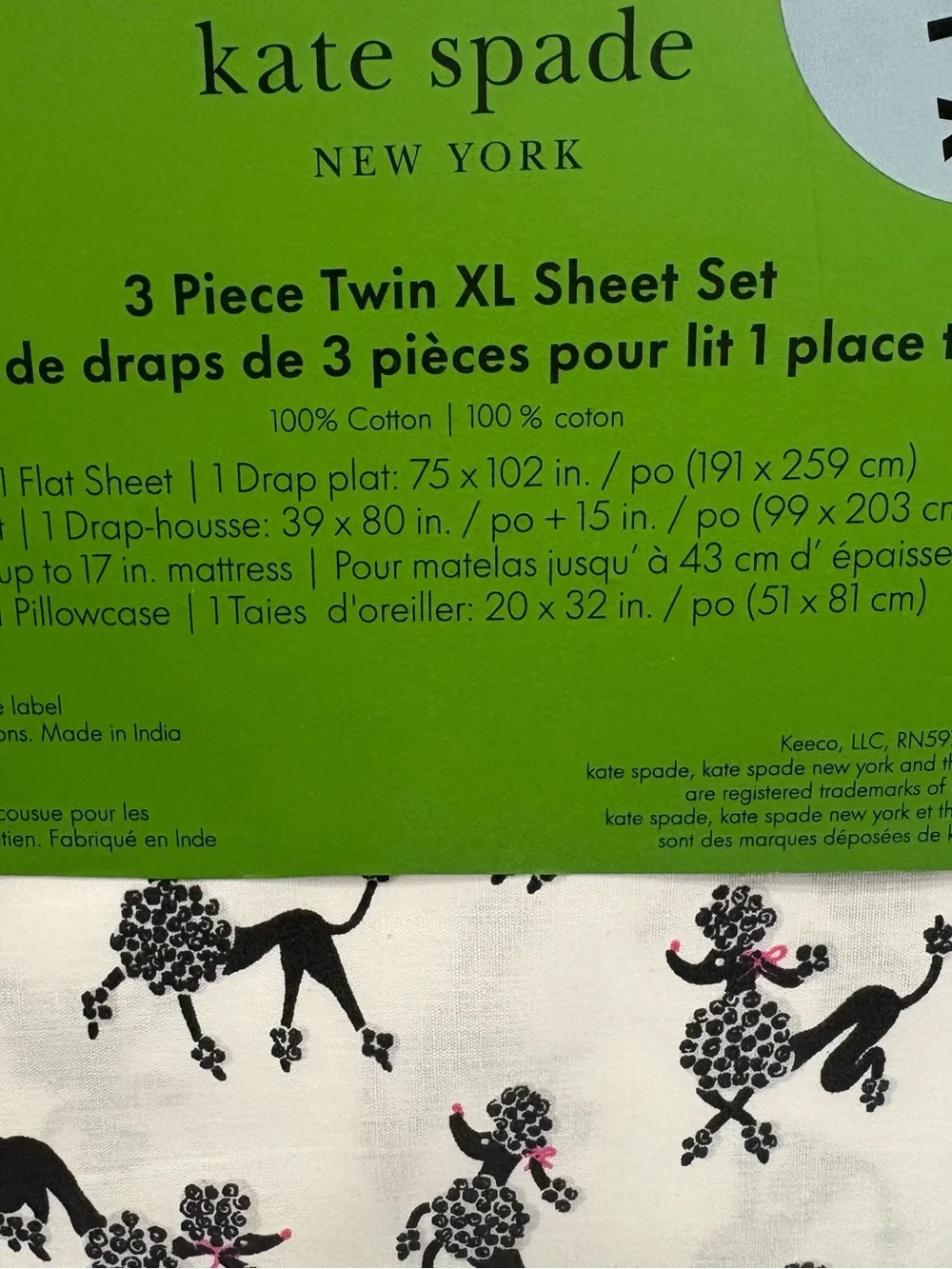 COLLEGE READY NEW kate spade “Dancing Poodle” Poodle Print Twin XL Sheet Set